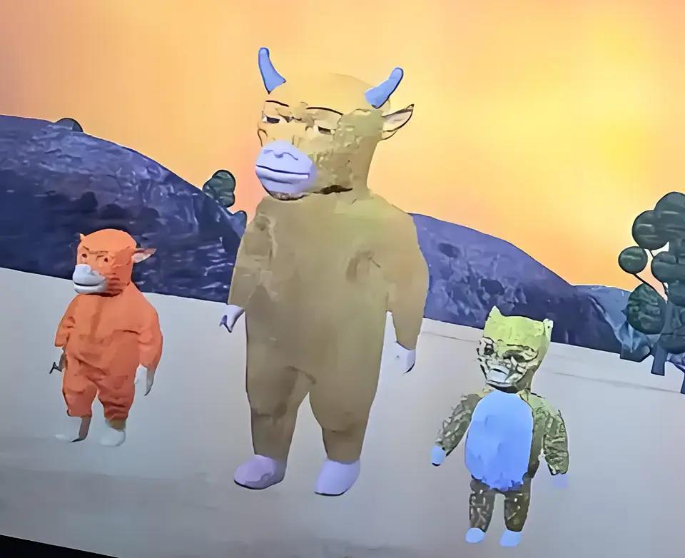 《牛來》劇照：兩頭牛與一隻花豹並肩走在夕陽下的坡地上